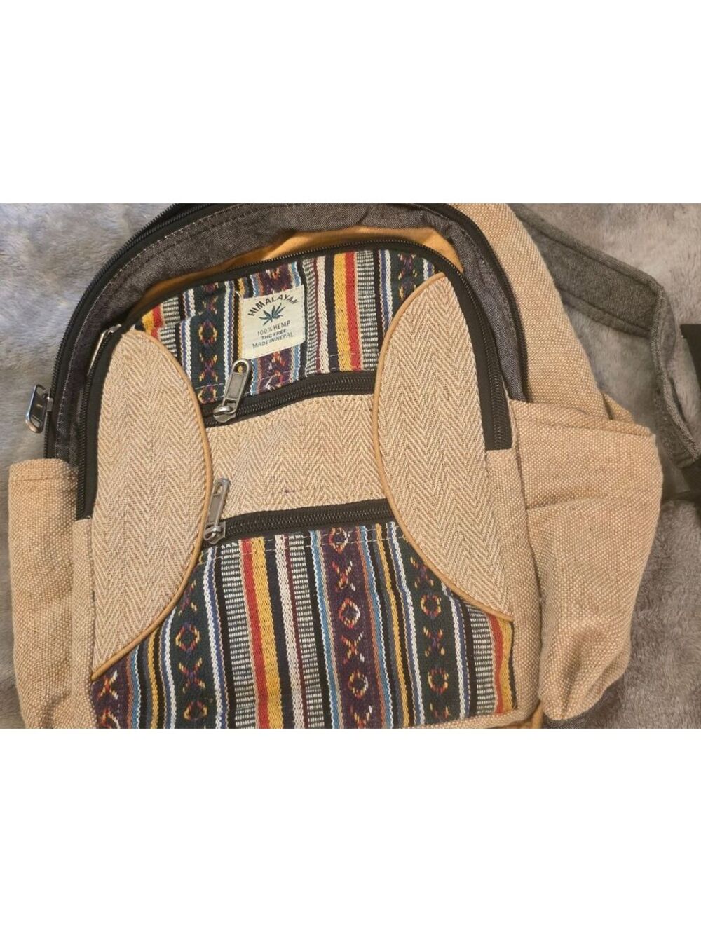 Himalayan 100% Hemp Backpack with Multi-Color Pattern and Beige Accents